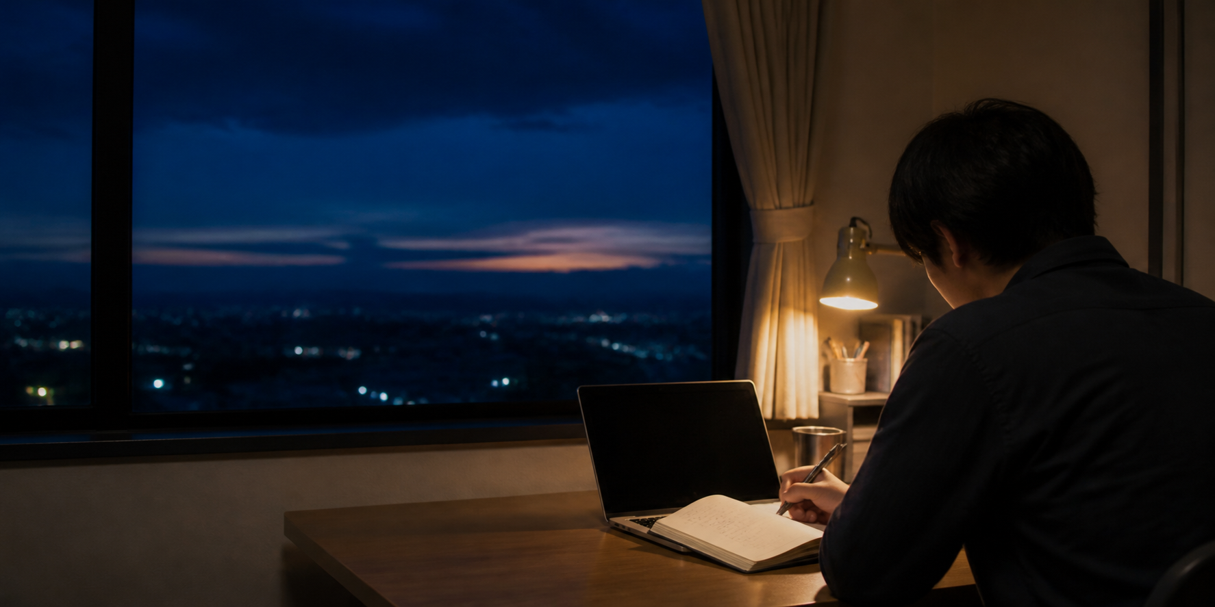 夜明け前の静かな机でノートを取る人のイメージ