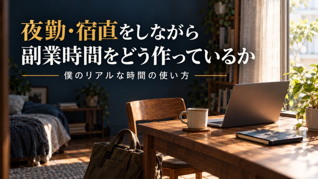 日中の自宅をイメージした室内。窓辺の机にノートパソコンとマグカップ、椅子のそばにバッグがある。