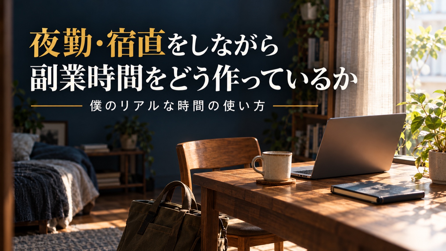 日中の自宅をイメージした室内。窓辺の机にノートパソコンとマグカップ、椅子のそばにバッグがある。