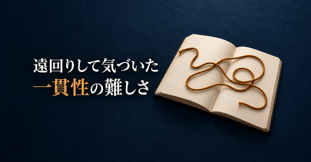紺色の背景に、遠回りするひもを置いたノートを描いたFX経歴記事のアイキャッチ