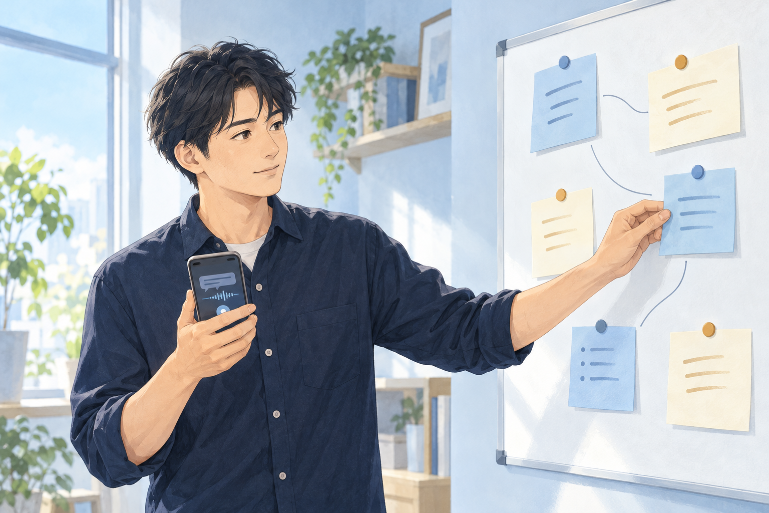 スマートフォンでAIに相談しながら、壁のメモを整理する男性のイラスト