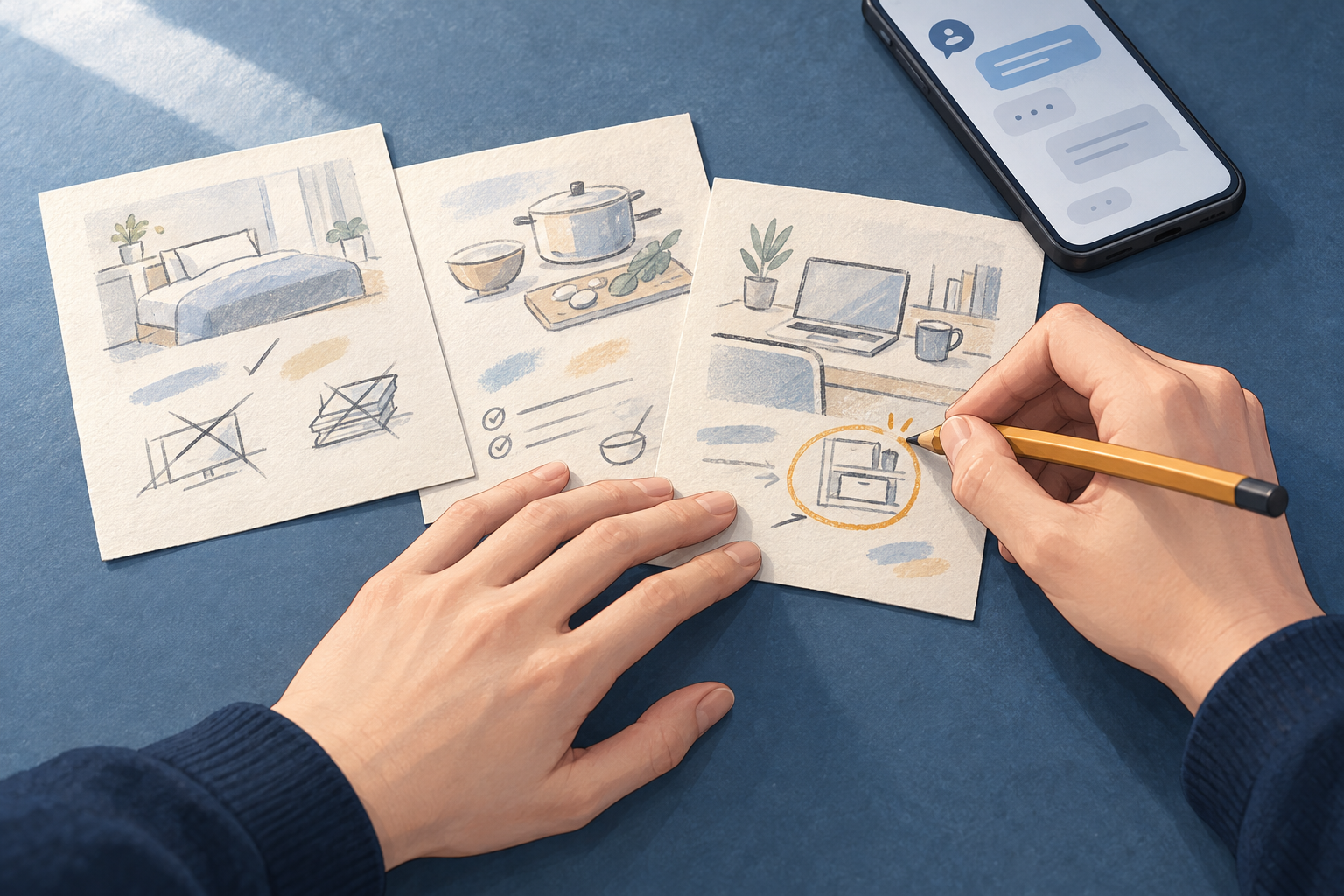AIの提案カードを比べ、鉛筆で選んだ案を修正する手元のイラスト