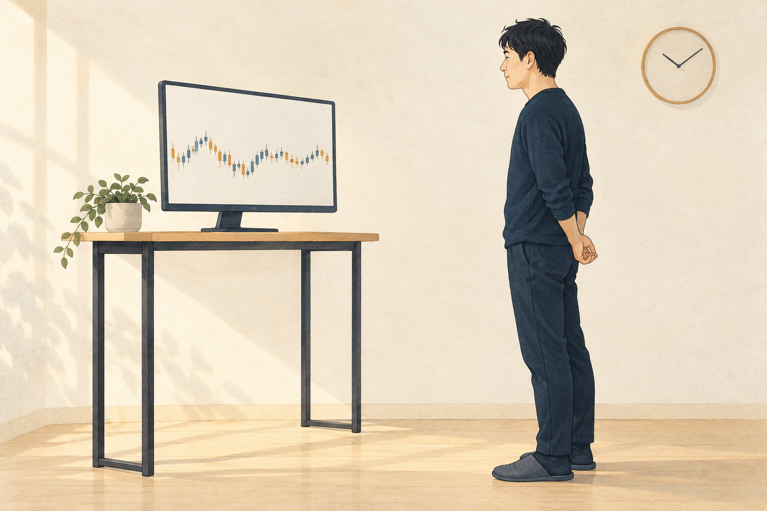 自分の条件が整うまで、チャートから一歩離れて冷静に待つ人のイラスト