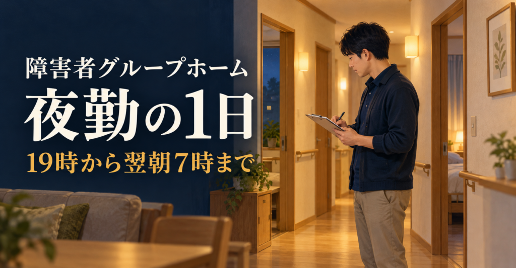 夜のグループホームの廊下で記録を確認する職員のイラスト。「夜勤の1日」「19時から翌朝7時まで」の文字。