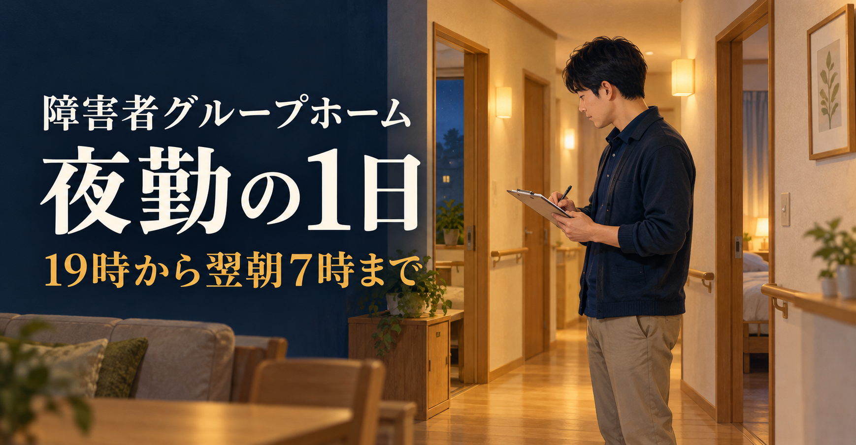 夜のグループホームの廊下で記録を確認する職員のイラスト。「夜勤の1日」「19時から翌朝7時まで」の文字。