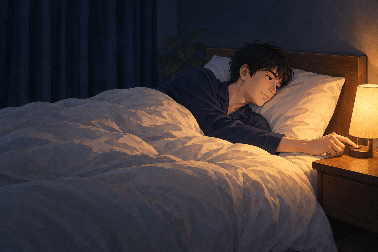 布団に入った男性が、枕元の照明を消そうとしている夜の寝室のイラスト。